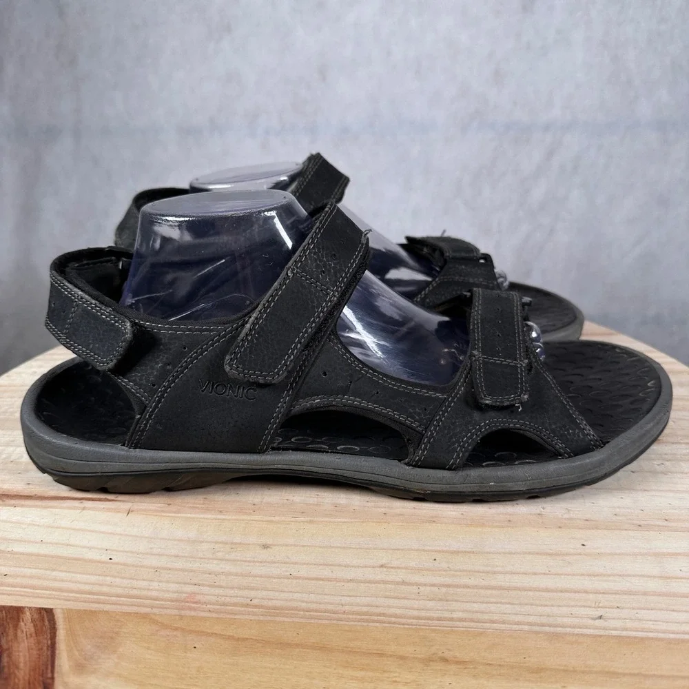 Vionic Bryce Sandals Mens 14 Black Good Leather Triple Strap Orthotic Walking